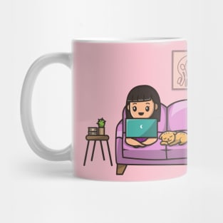 Cute Girl Working On Laptop With Cat Cartoon Mug